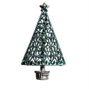Vintage Silver Tone Blue Rhinestone Holiday Christmas Tree Brooch Pin